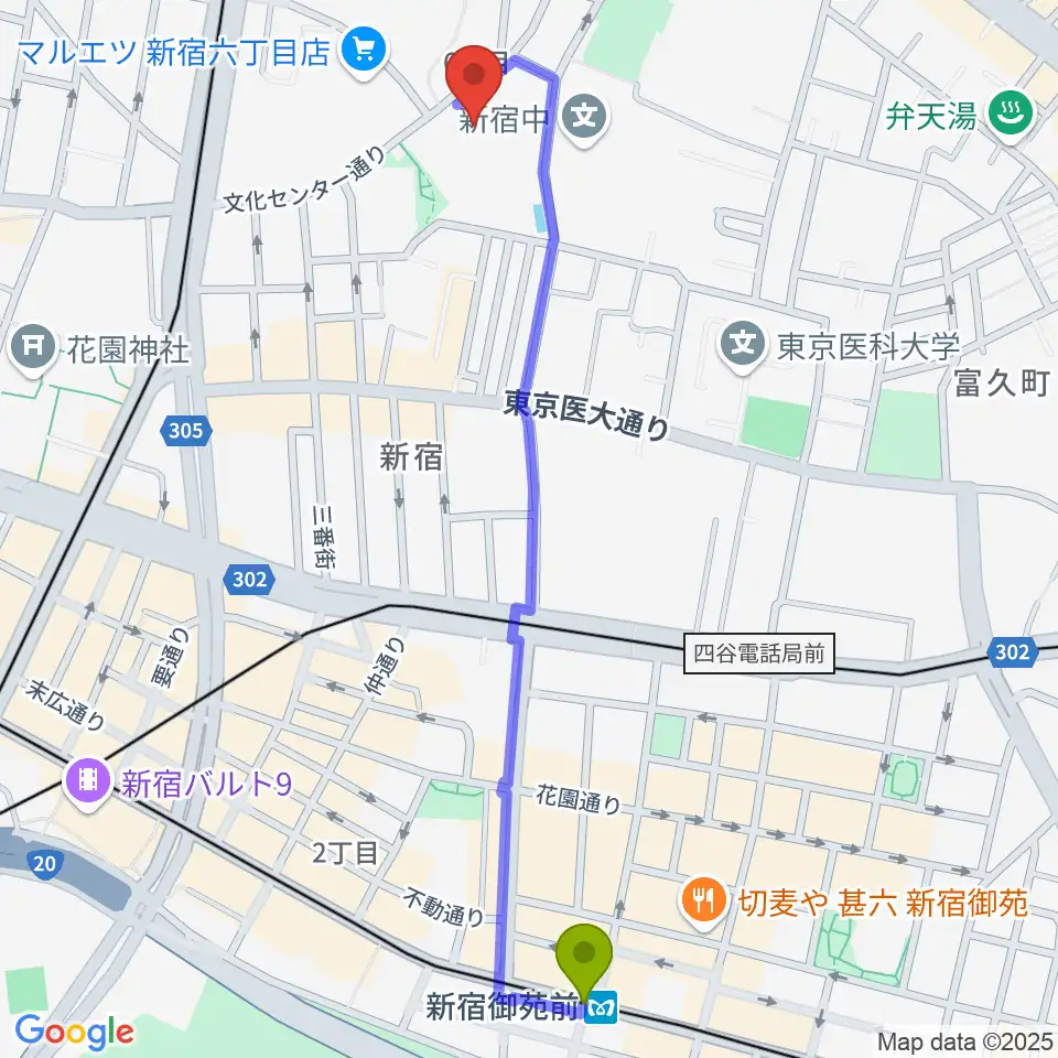 新宿御苑前駅から新宿文化センターへのルートマップ地図