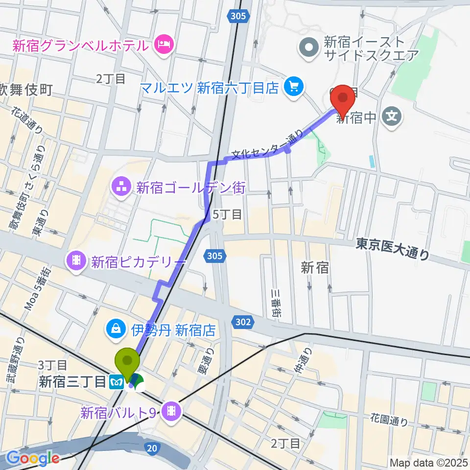 新宿三丁目駅から新宿文化センターへのルートマップ地図