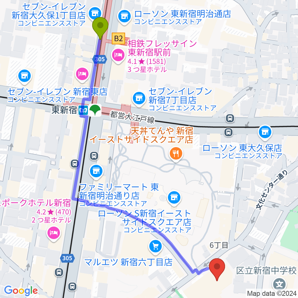 新宿文化センターの最寄駅東新宿駅からの徒歩ルート（約7分）地図