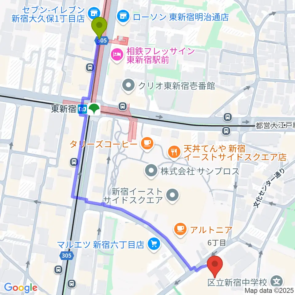 新宿文化センターの最寄駅東新宿駅からの徒歩ルート（約7分）地図