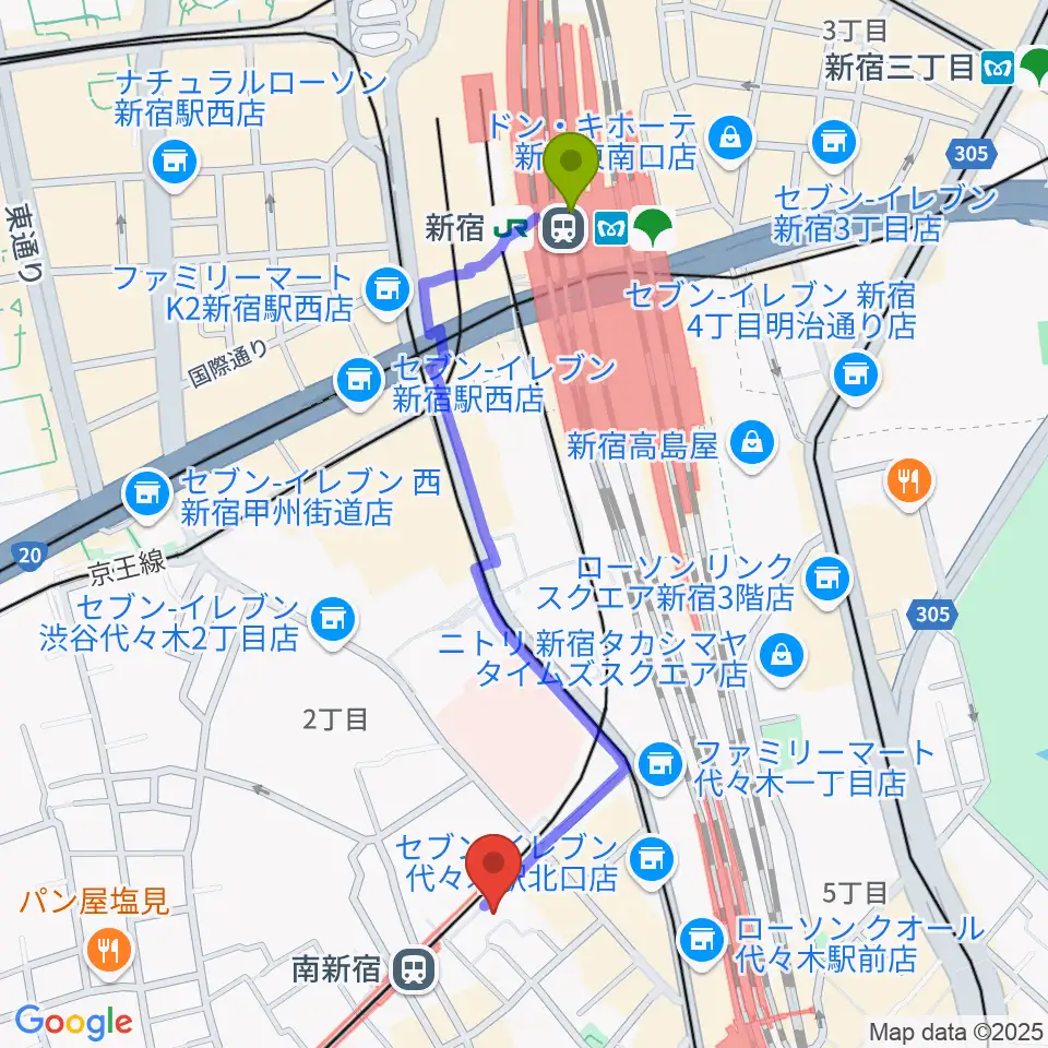 新宿駅から山野ホールへのルートマップ地図