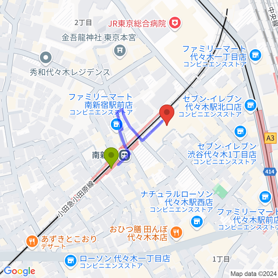 山野ホールの最寄駅南新宿駅からの徒歩ルート（約2分）地図