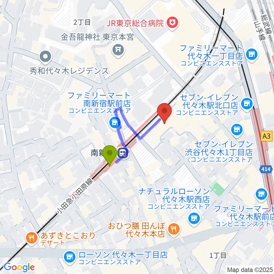 山野ホールの最寄駅南新宿駅からの徒歩ルート（約2分）地図