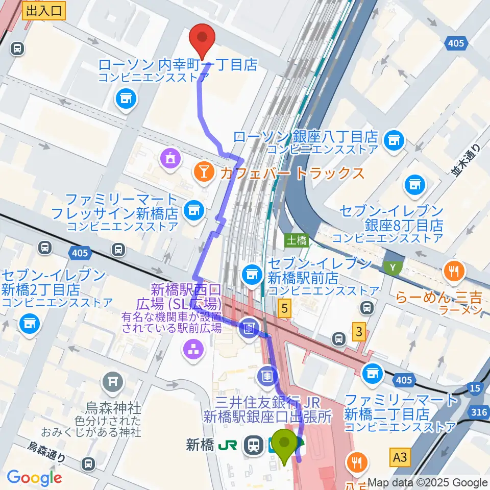 新橋駅から内幸町ホールへのルートマップ MDATA