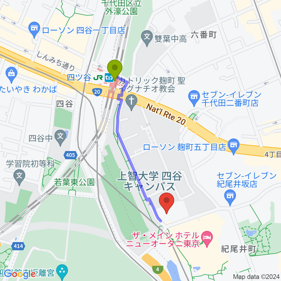 紀尾井ホールの最寄駅四ツ谷駅からの徒歩ルート（約8分）地図