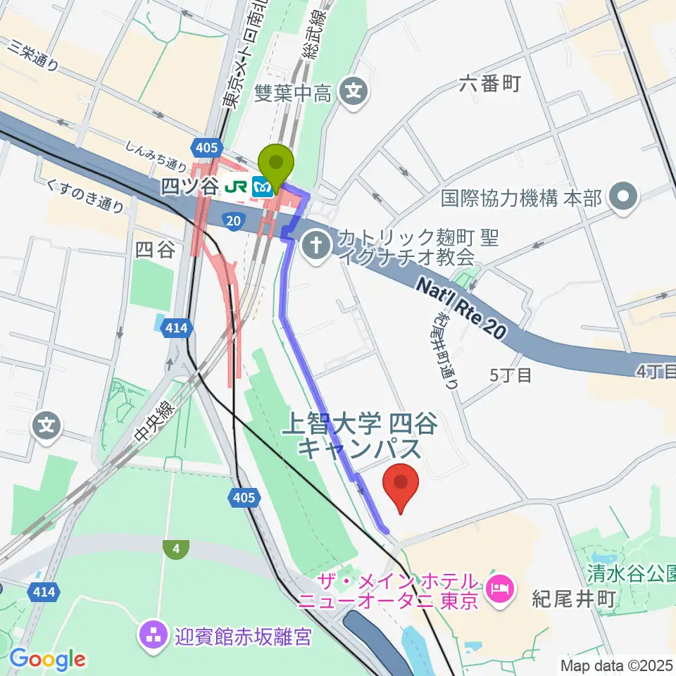 紀尾井ホールの最寄駅四ツ谷駅からの徒歩ルート（約8分）地図