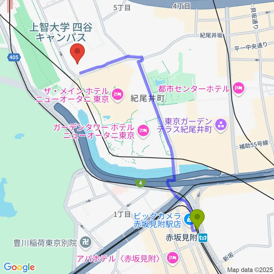 赤坂見附駅から紀尾井ホールへのルートマップ地図
