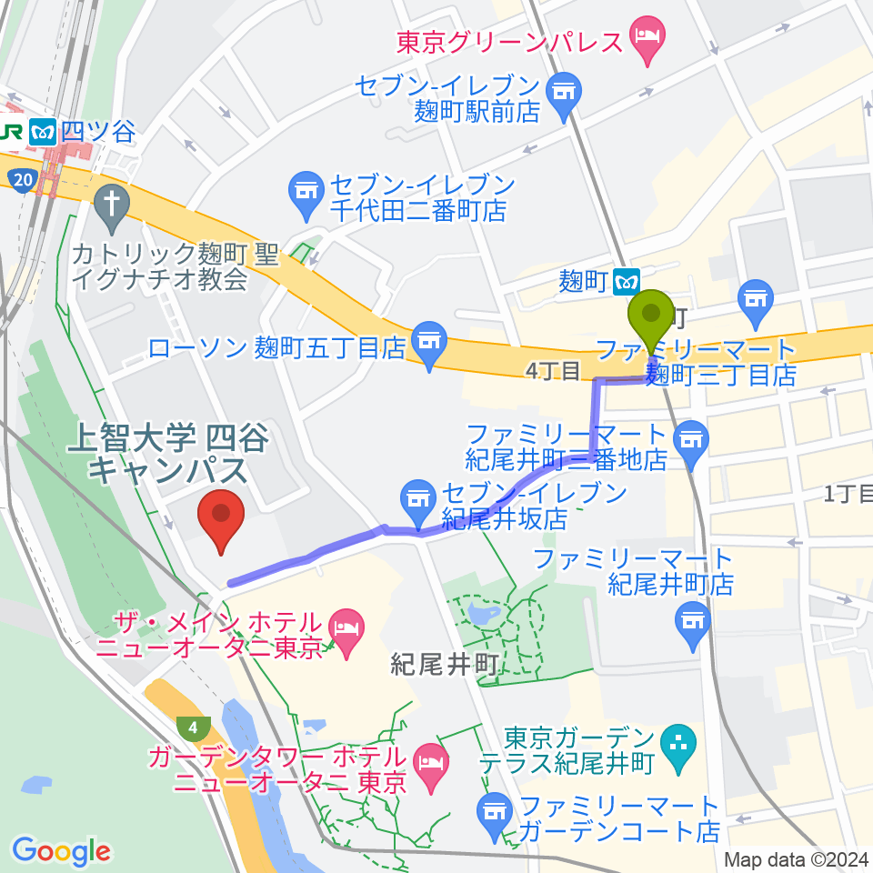 麹町駅から紀尾井ホールへのルートマップ地図
