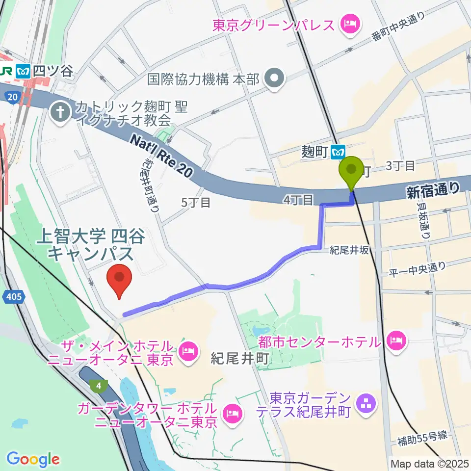 麹町駅から紀尾井ホールへのルートマップ地図