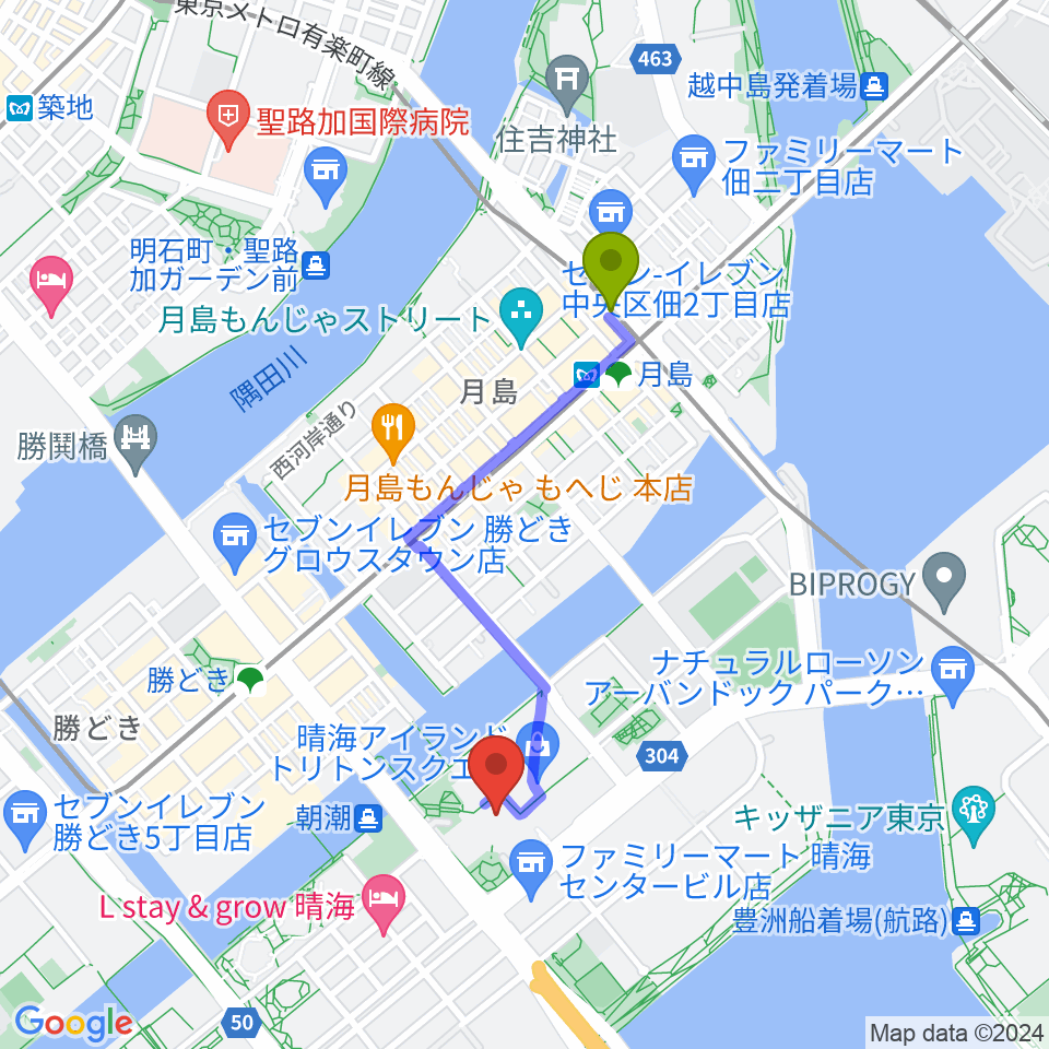 月島駅から第一生命ホールへのルートマップ地図