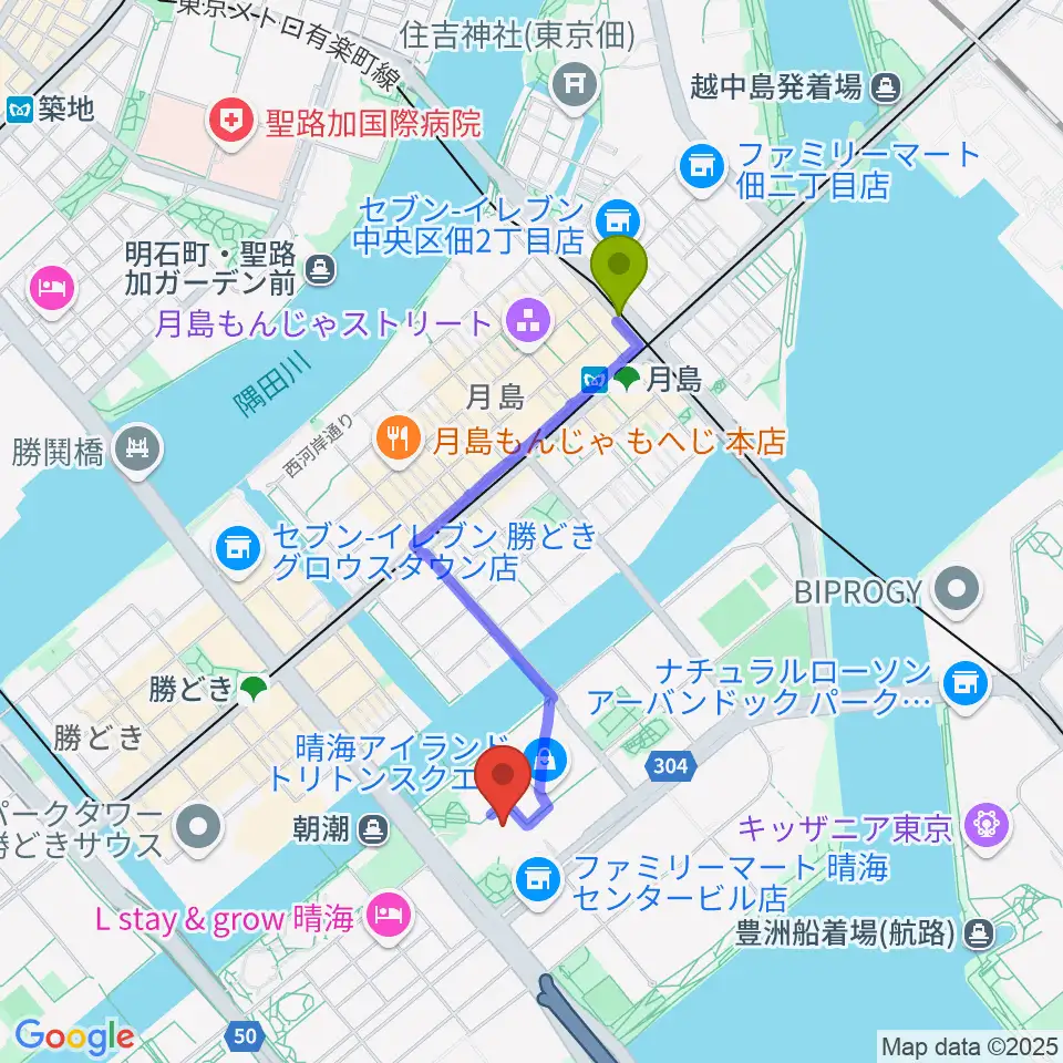 月島駅から第一生命ホールへのルートマップ地図