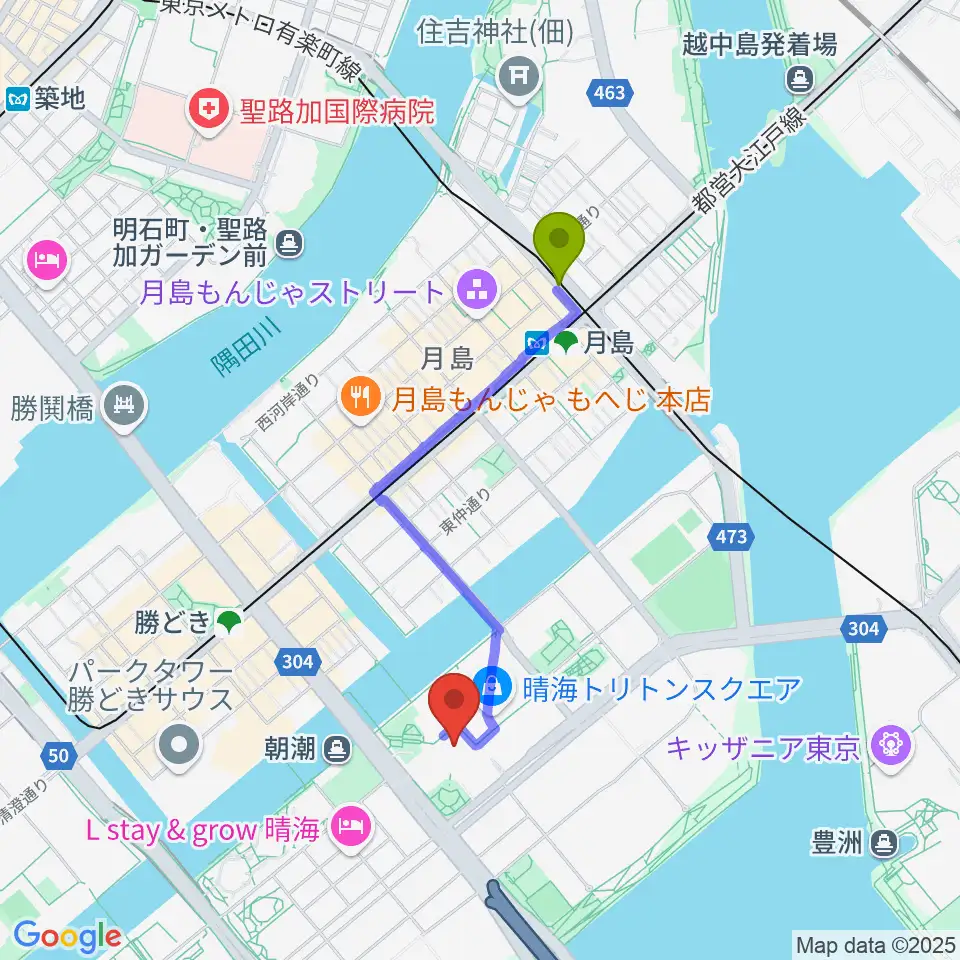 月島駅から第一生命ホールへのルートマップ地図