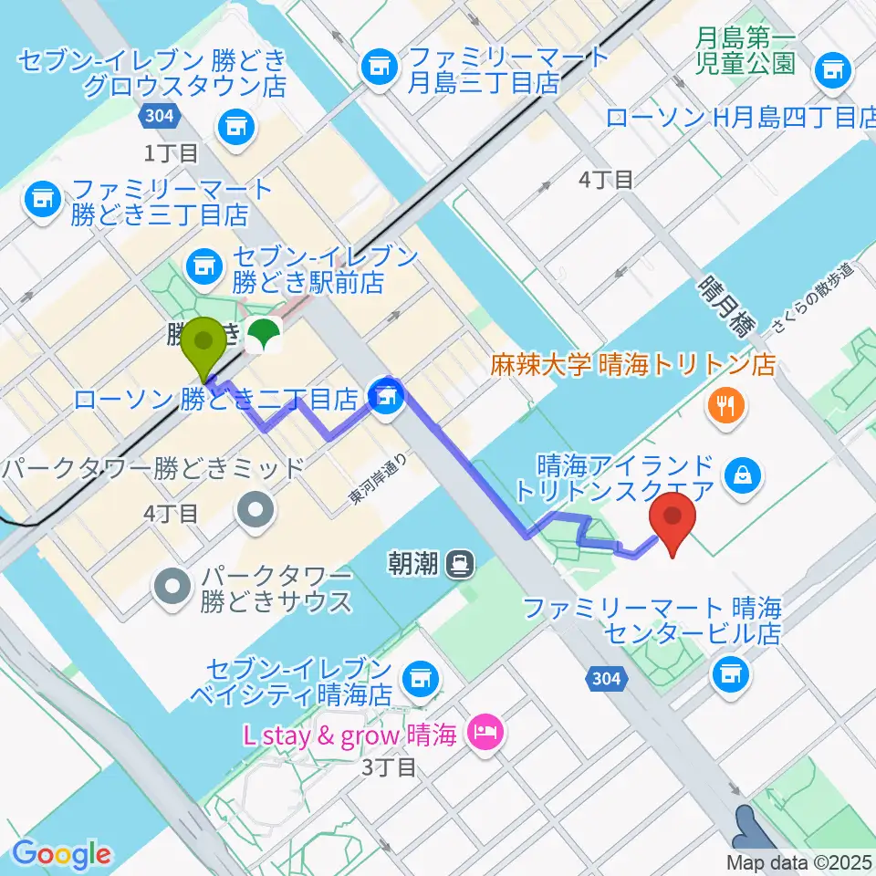 第一生命ホールの最寄駅勝どき駅からの徒歩ルート（約9分）地図