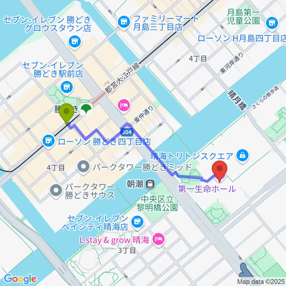 第一生命ホールの最寄駅勝どき駅からの徒歩ルート（約9分）地図
