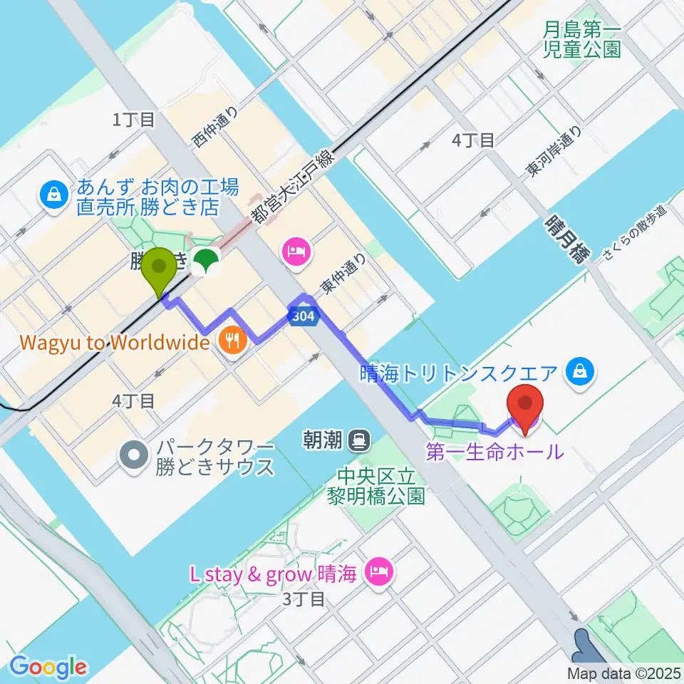 第一生命ホールの最寄駅勝どき駅からの徒歩ルート（約9分）地図