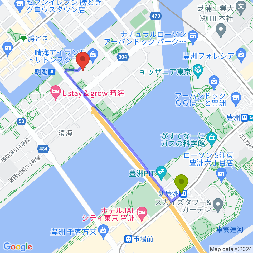 新豊洲駅から第一生命ホールへのルートマップ地図