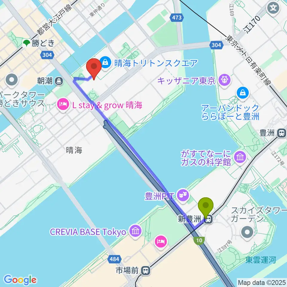 新豊洲駅から第一生命ホールへのルートマップ地図