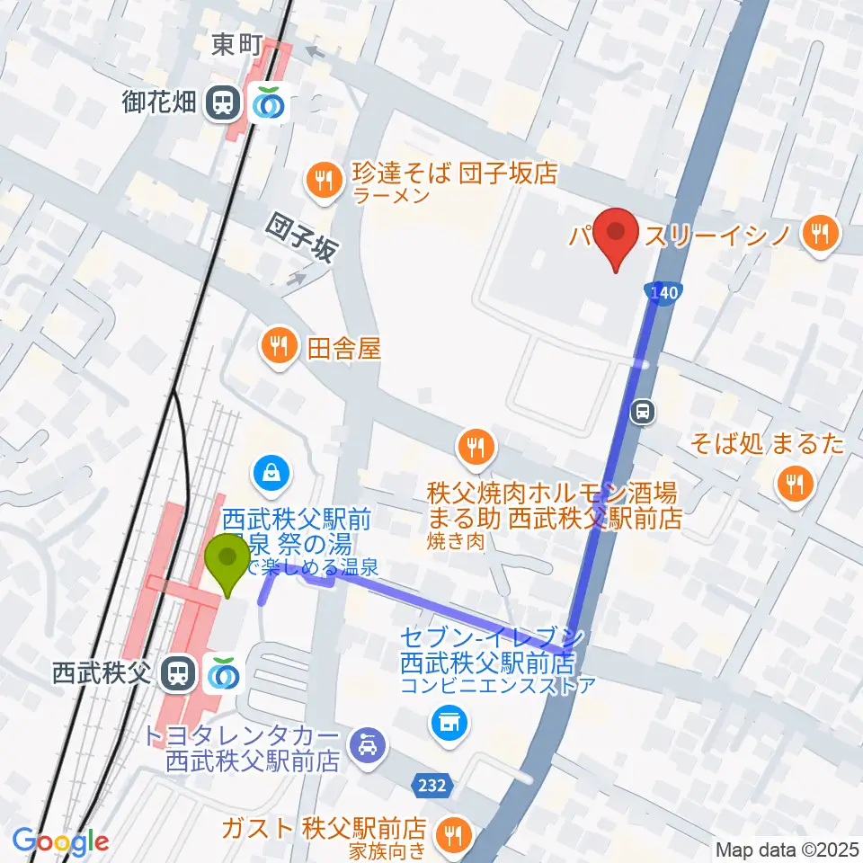 西武秩父駅から秩父宮記念市民会館へのルートマップ地図