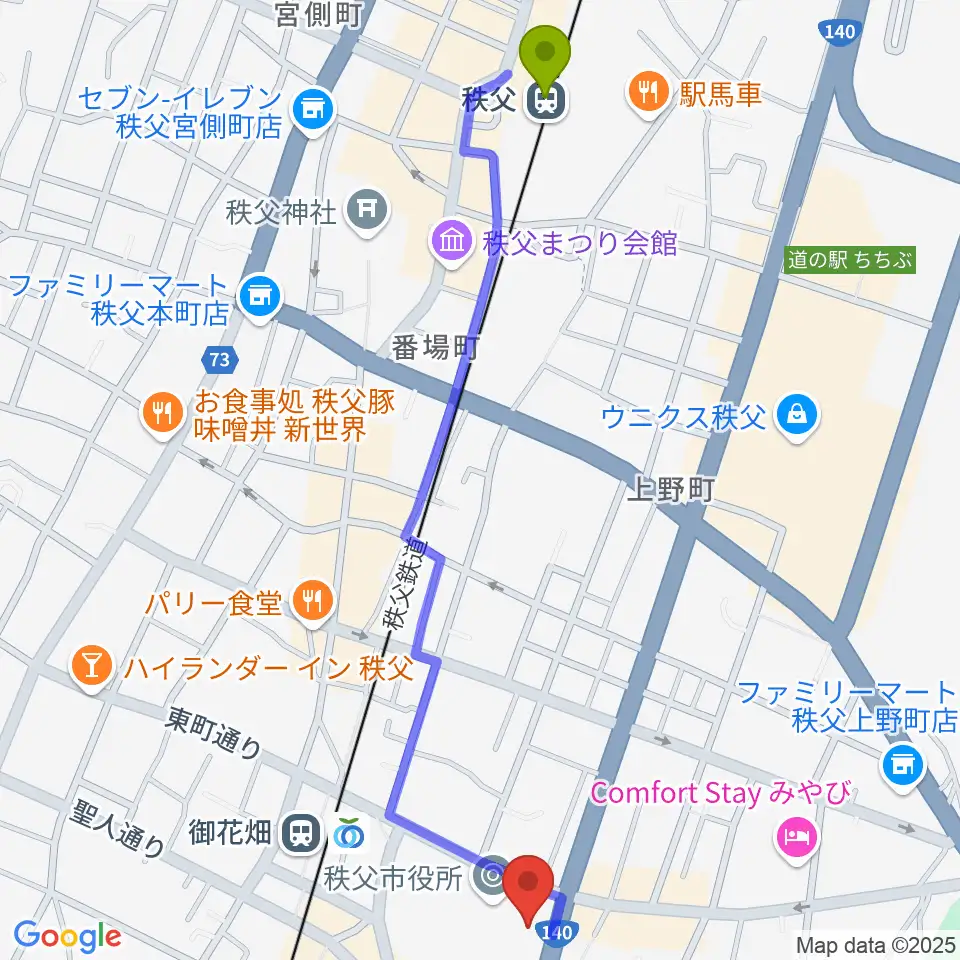 秩父駅から秩父宮記念市民会館へのルートマップ地図