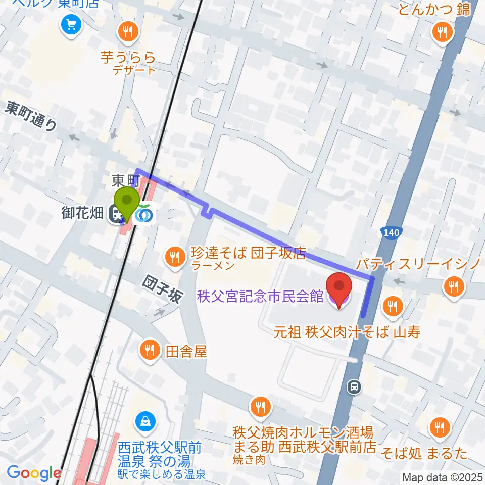 秩父宮記念市民会館の最寄駅御花畑駅からの徒歩ルート（約4分）地図