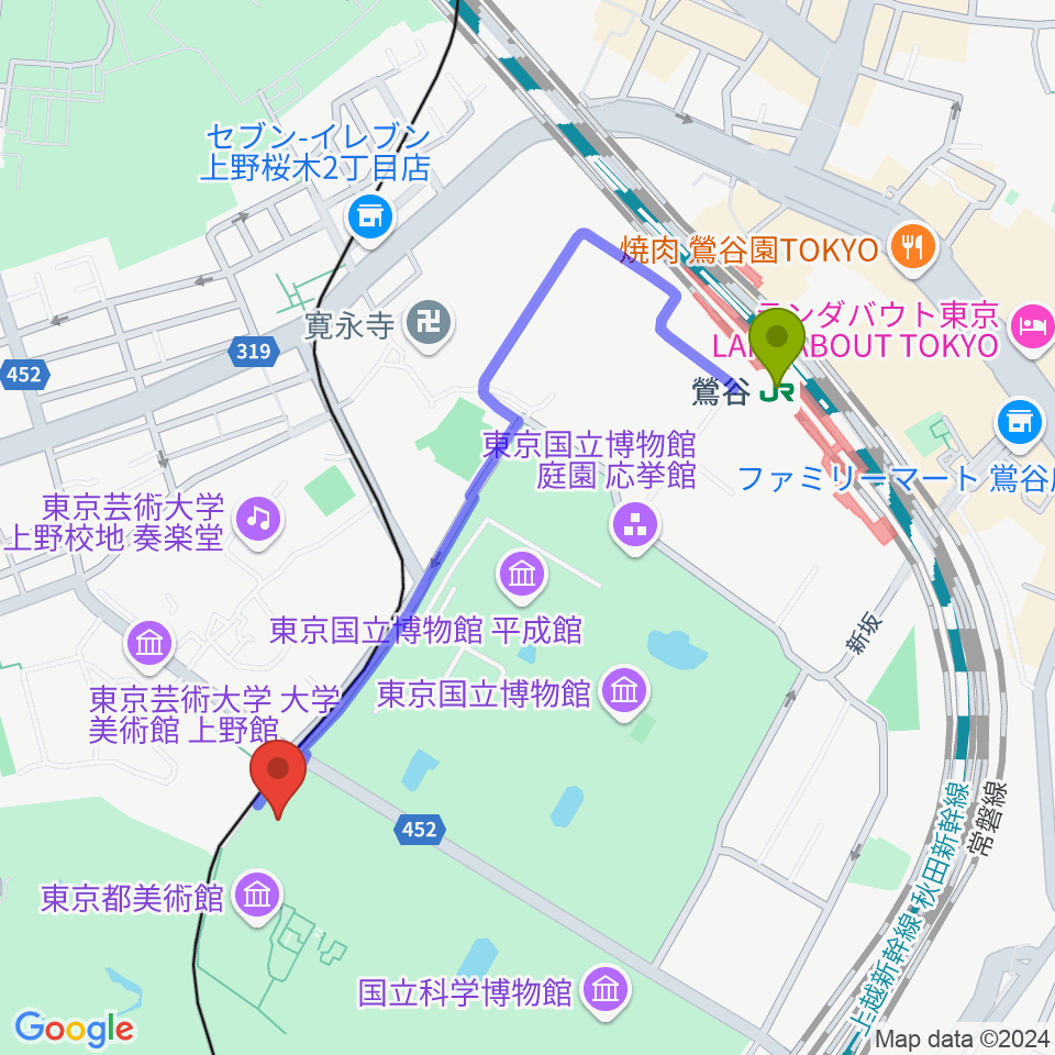 旧東京音楽学校奏楽堂の最寄駅鶯谷駅からの徒歩ルート（約10分）地図