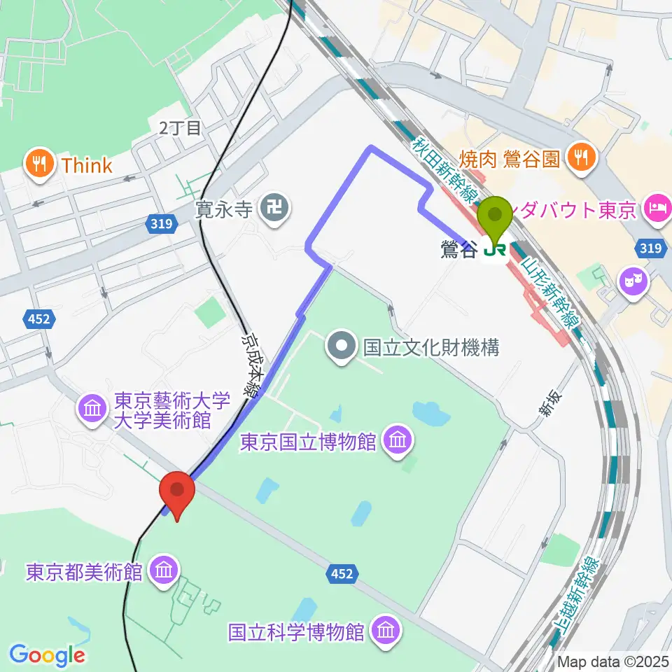 旧東京音楽学校奏楽堂の最寄駅鶯谷駅からの徒歩ルート（約10分）地図