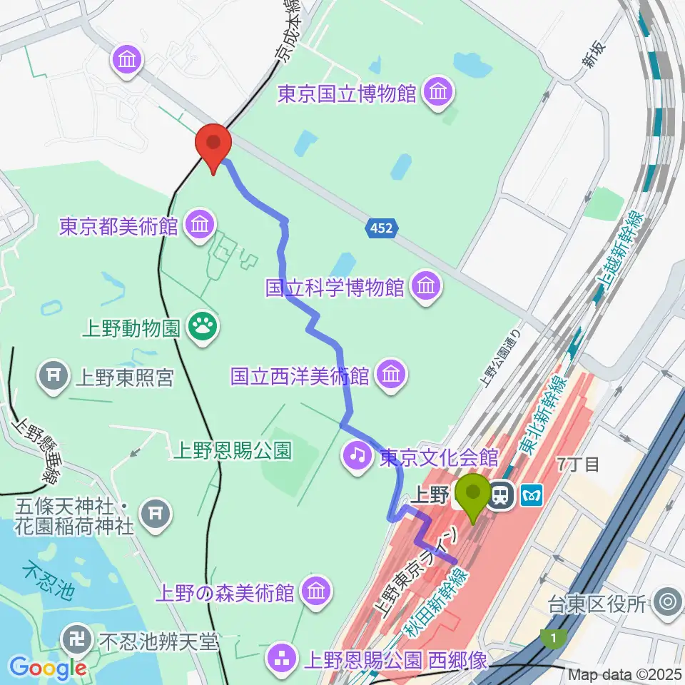 上野駅から旧東京音楽学校奏楽堂へのルートマップ地図