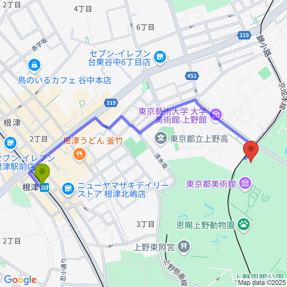 根津駅から旧東京音楽学校奏楽堂へのルートマップ地図